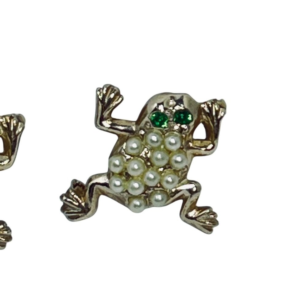 Vintage Gold Tone & Faux Pearl Frog Pins With Green Rhinestone Eyes (5645) - Picture 3 of 6